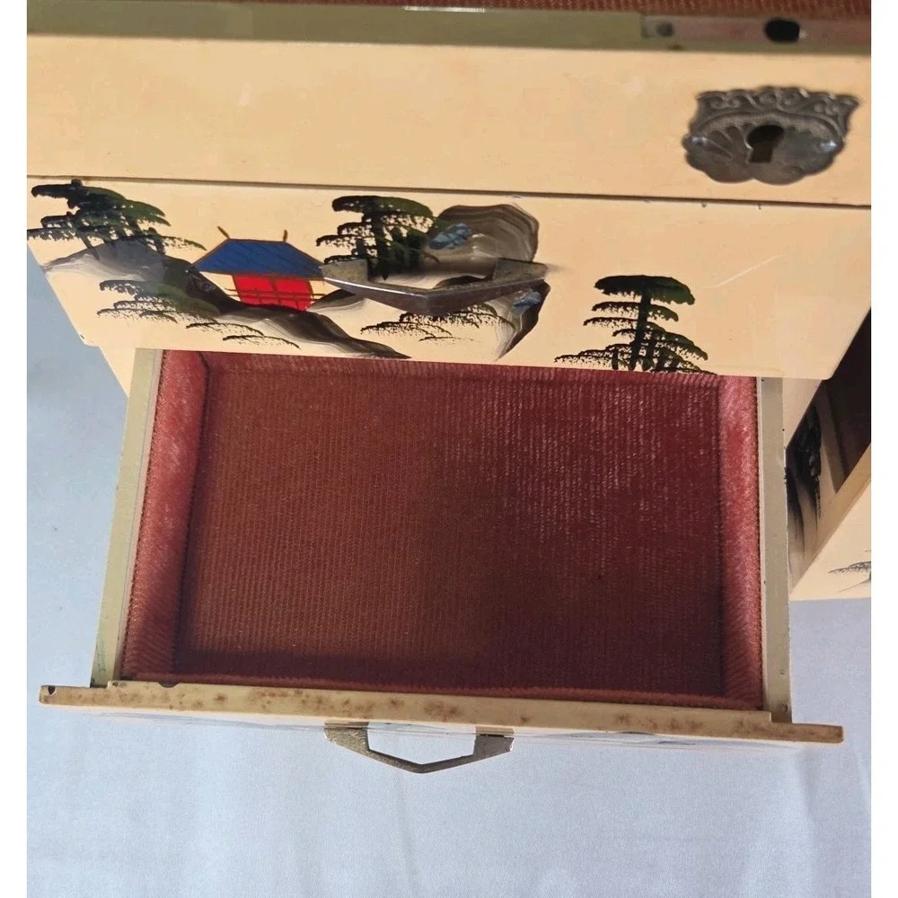 Japanese Lacquer‎ Three Drawer Lock Top with Key Jewelry and Music Box SEE PICS